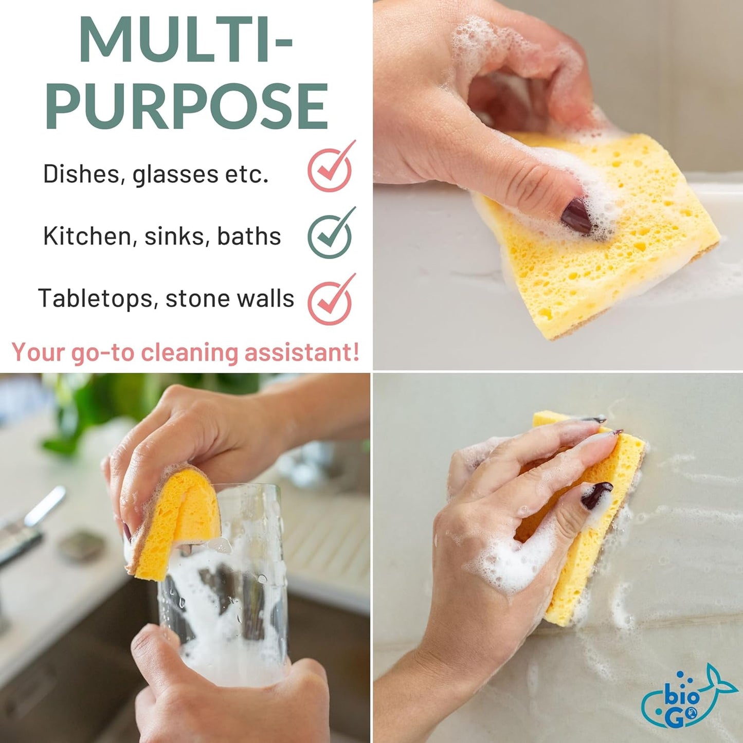 bioGo 24 Pack Biodegradable Kitchen Sponges - Eco-Friendly, Compostable, Natural Cellulose Dish