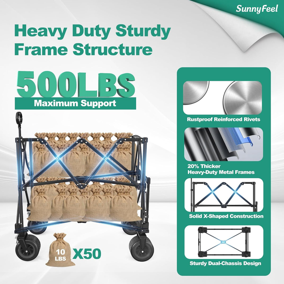 SUNNYFEEL Double Decker Wagon, Collapsible Outdoor Utility Wagon Cart 500LB Capacity Adjustable