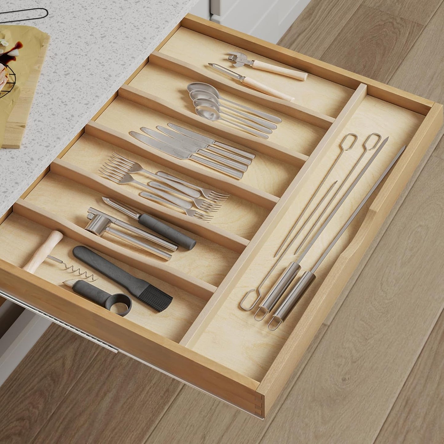 WelFurGeer Solid Birch Wood Silverware Drawer Organizer, Wooden Cutlery Drawer Organizer, Utensil