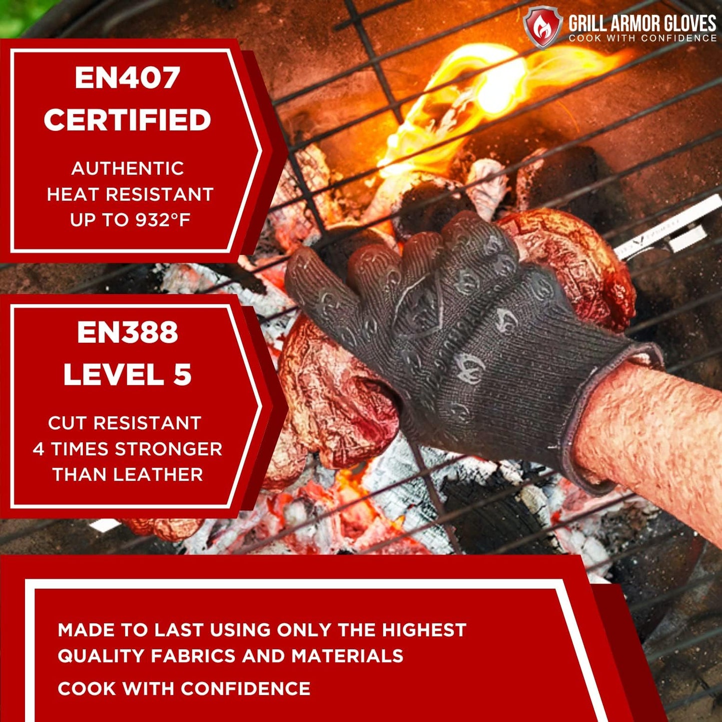 Grill Armor Oven Gloves 932°F Extreme Heat & Cut Resistant Oven Mitts with Fingers for BBQ