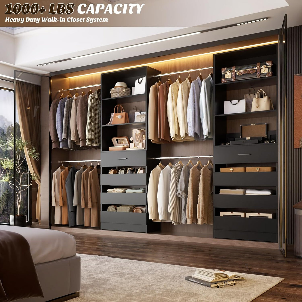 Aheaplus Closet System, 4-9Ft Closet Organizer with 4 Wooden Drawers, Wood Closet Organizer System