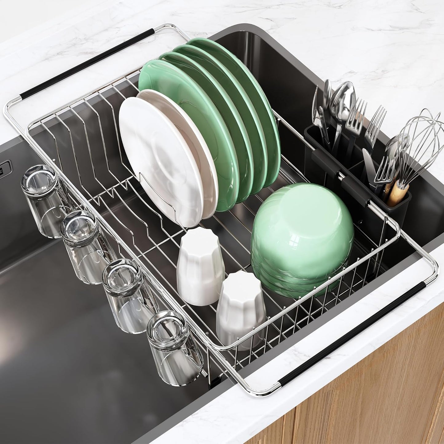Over The Sink Expandable Dish Drainer Drying Rack in Stainless Steel for Small Kitchen, Counter