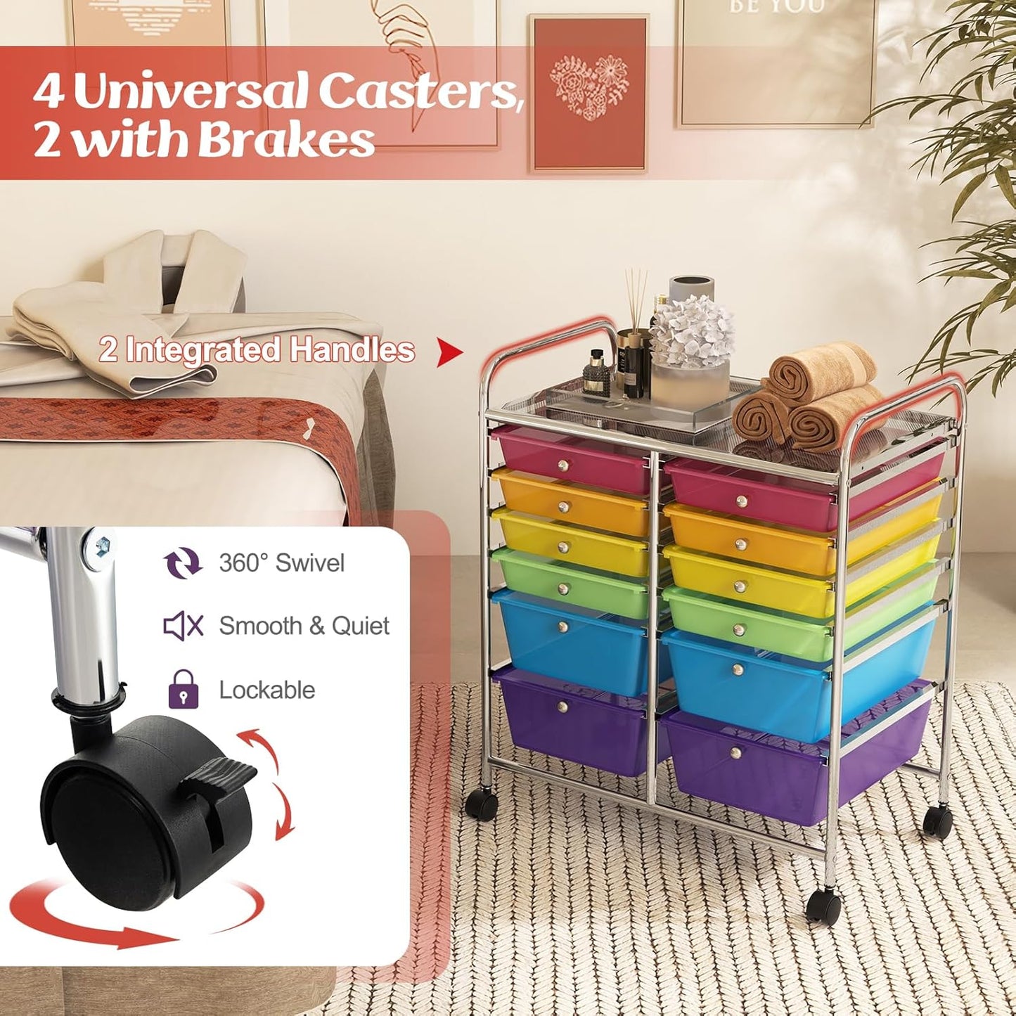 GOFLAME 12-Drawer Rolling Storage Cart, Multipurpose Organizer Cart with 2 Sizes Plastic Drawers
