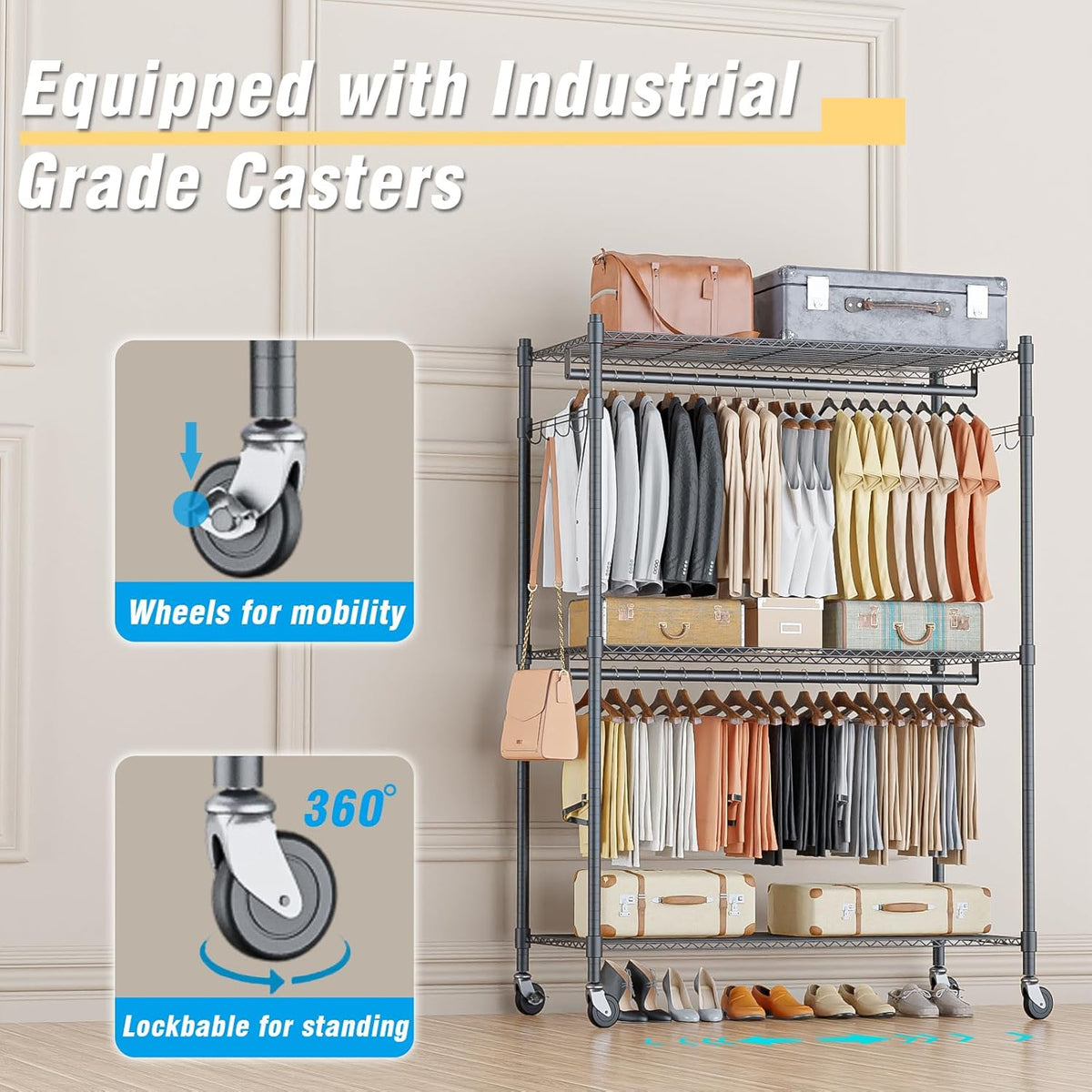 Homdox Heavy Duty Rolling Clothing Rack, Adjustable Garment Rack with 3 Tier Storage Shelves