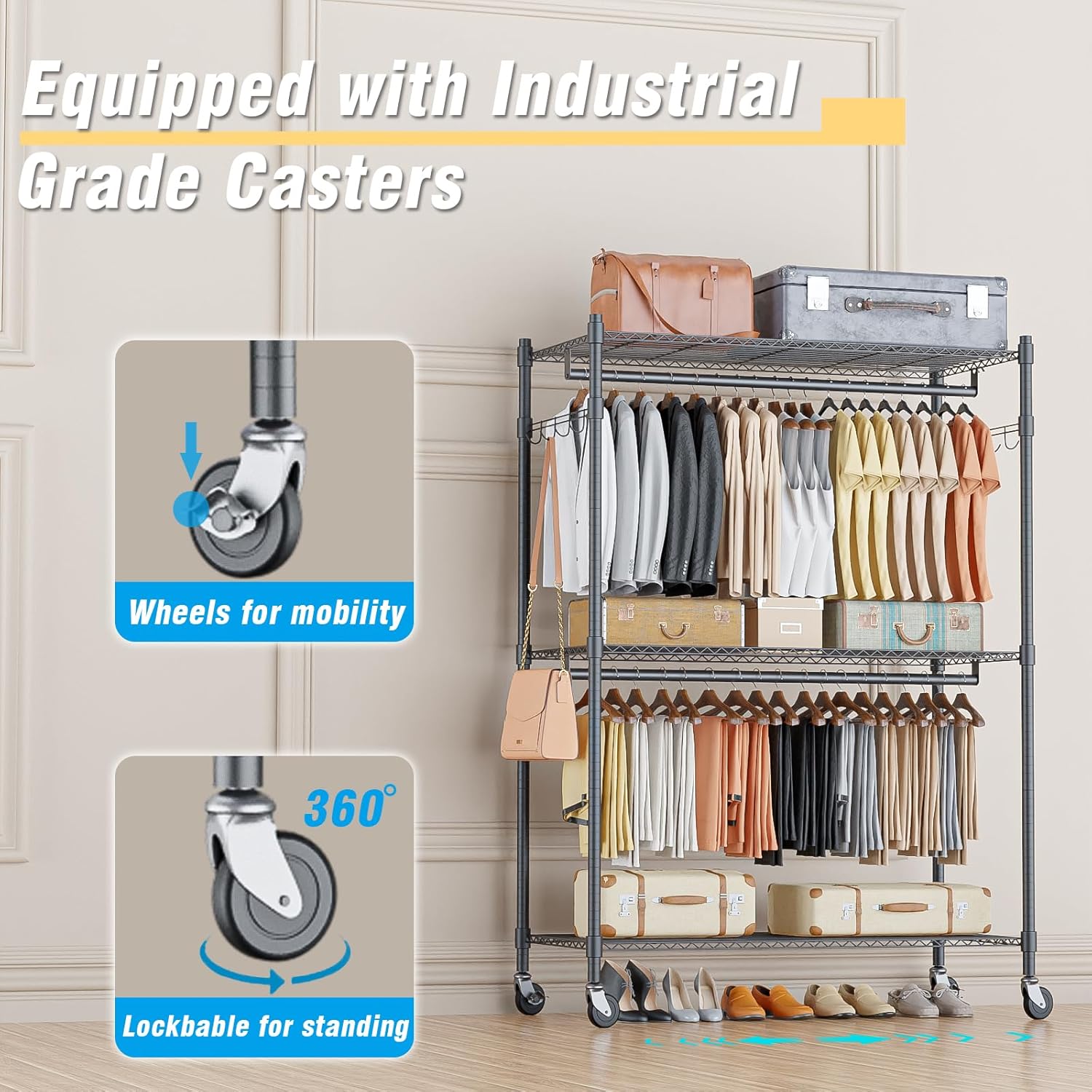 Homdox Heavy Duty Rolling Clothing Rack, Adjustable Garment Rack with 3 Tier Storage Shelves