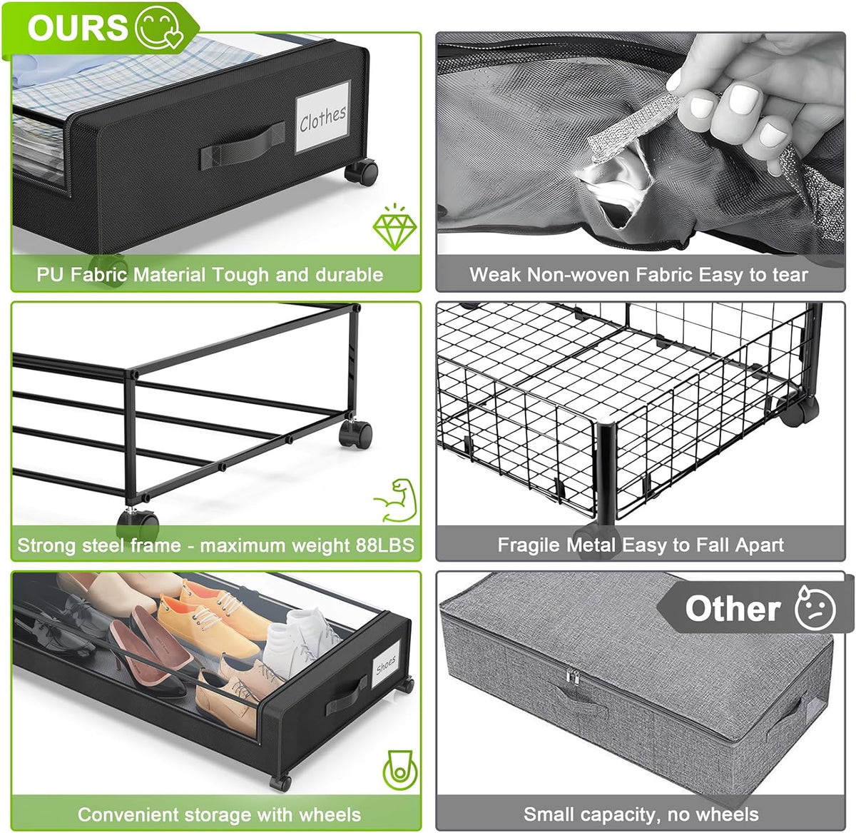 Under Bed Storage with Wheels, 2-Pack Under the Bed Storage Containers with Clear Lids & Label