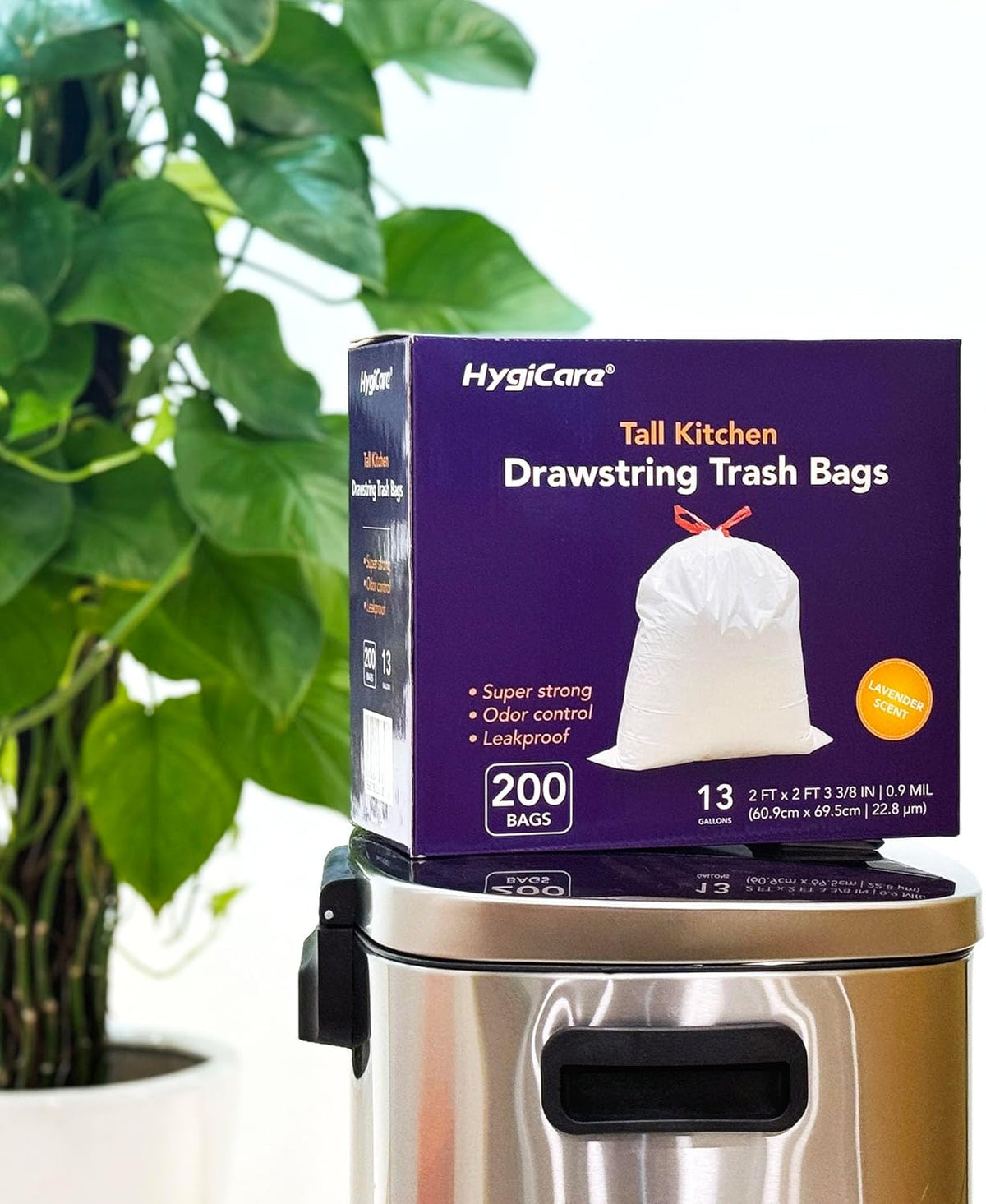 13 Gallon Tall Kichen Trash Bags, Lavender Scented 200 Count Drawstring Garbage Bags