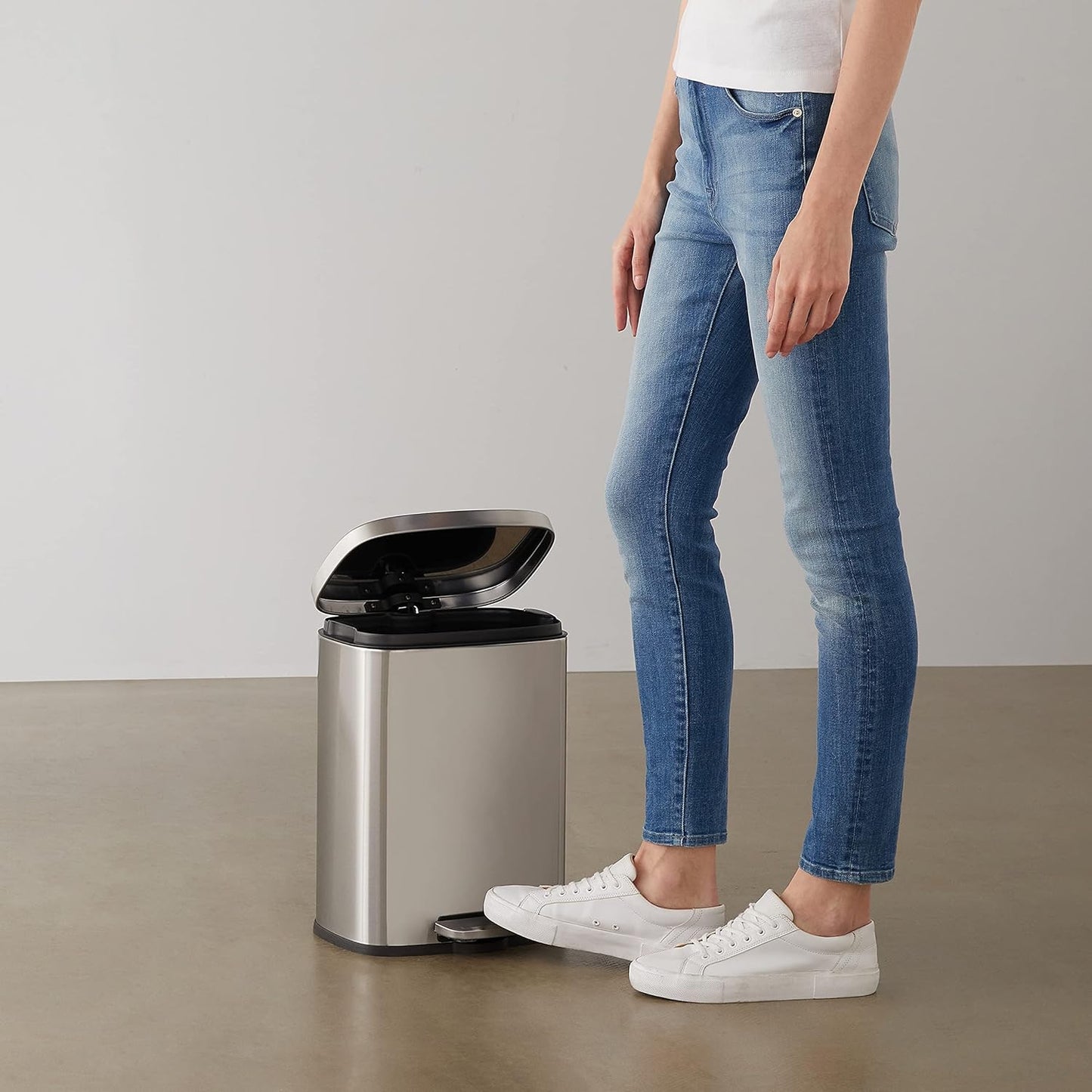 Amazon Basics Smudge Resistant Small Rectangular Trash Can With Soft-Close Foot Pedal, Brushed