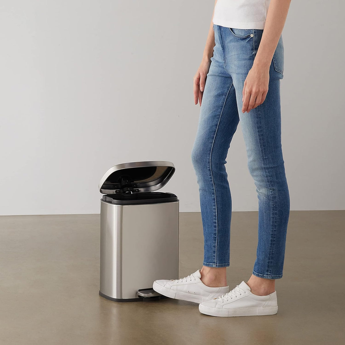 Amazon Basics Smudge Resistant Small Rectangular Trash Can With Soft-Close Foot Pedal, Brushed