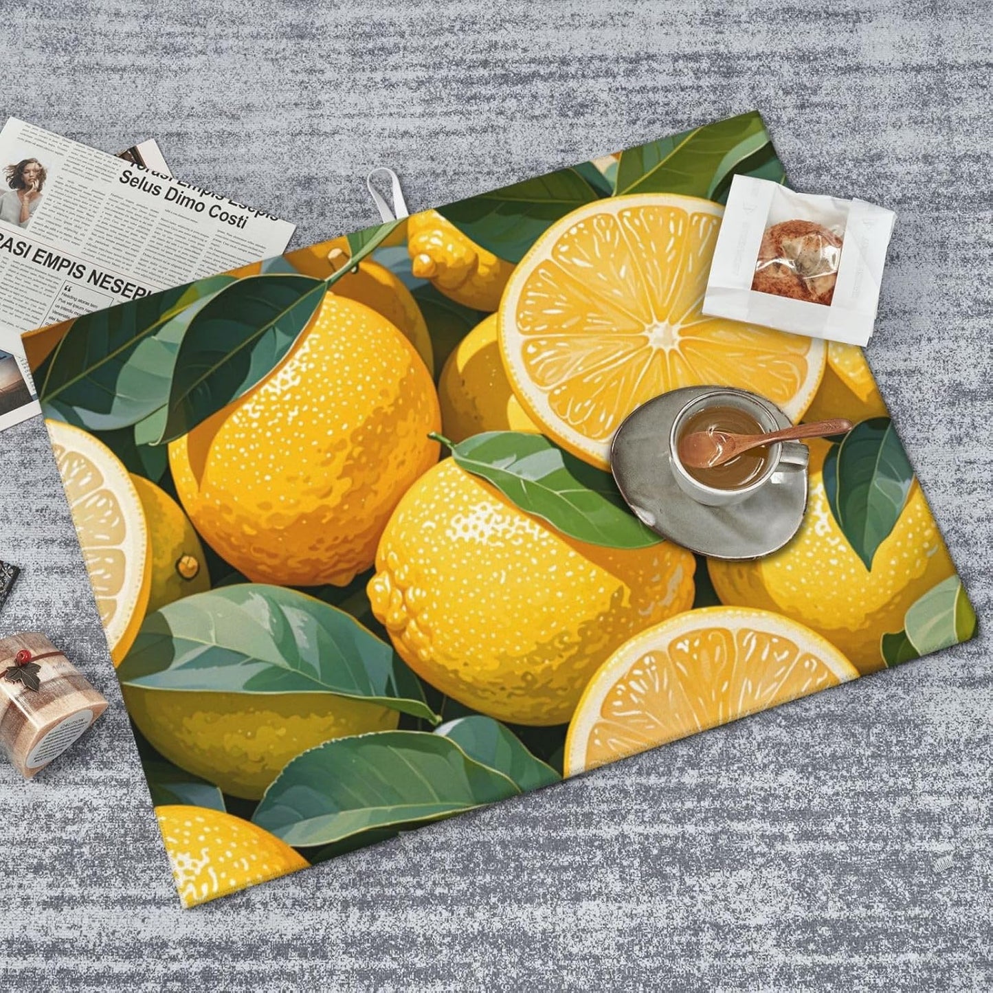lemon Dish Drying Mat Highly Absorbent Double-Sided Microfiber with Hanging Loop Reversible Drain