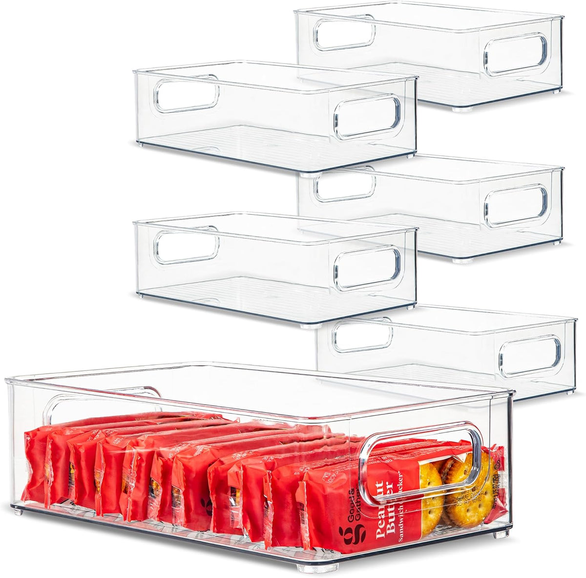 Plastic Food Storage 6 Pack Clear Container Bin with Handles for Organizing Kitchen, Pantry