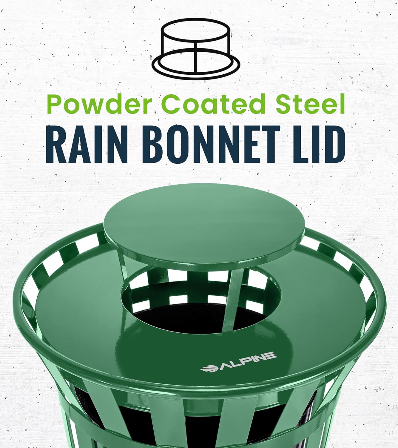 Alpine Industries Outdoor Metal Waste Receptacle Rain Bonnet Lid - Heavy Duty Trash Can