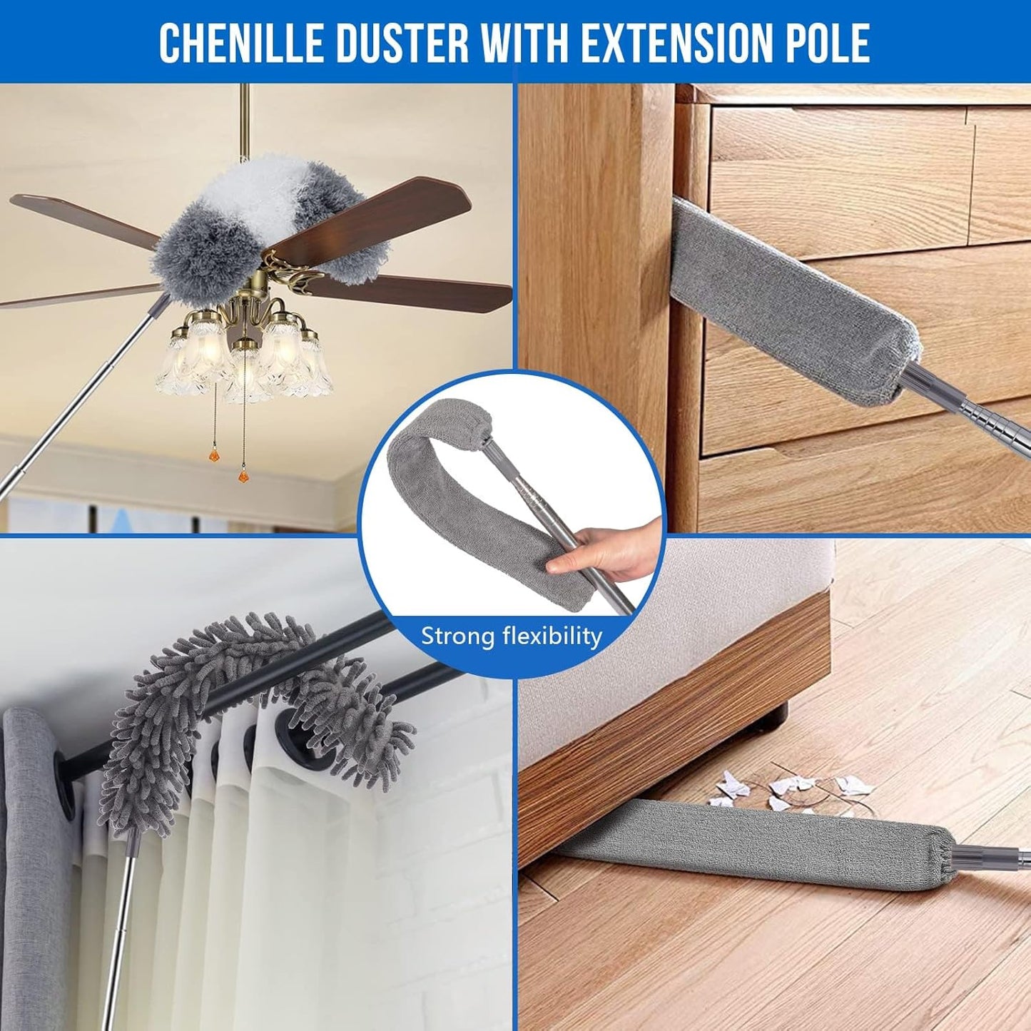 Microfiber Feather Duster 5-in-1 Kit for Dusting and Cleaning – 30–100" Extension Pole, Anti-Slip