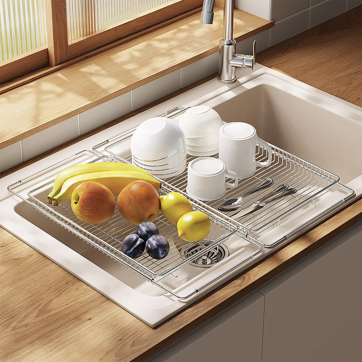Dish Drying Rack, Stainless Steel Extendable Organizer for Kitchen Counter, Dish Dryer Rack for