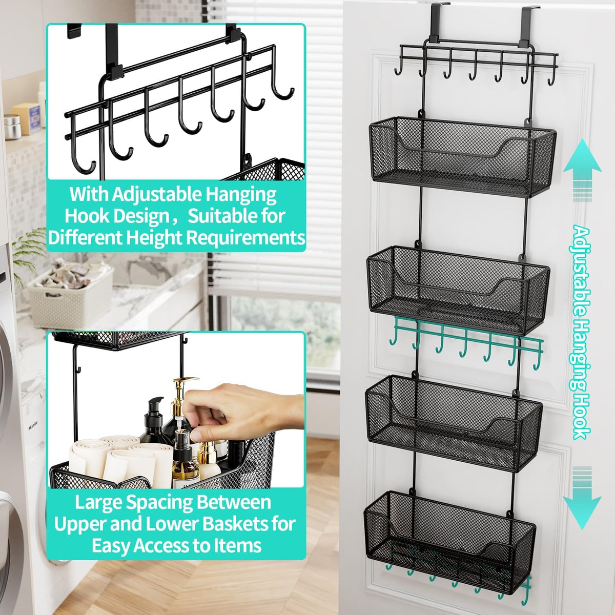 HapiRm Over The Door Organizer - Hanging Door Organizer with 4 Metal Large Capacity Baskets and