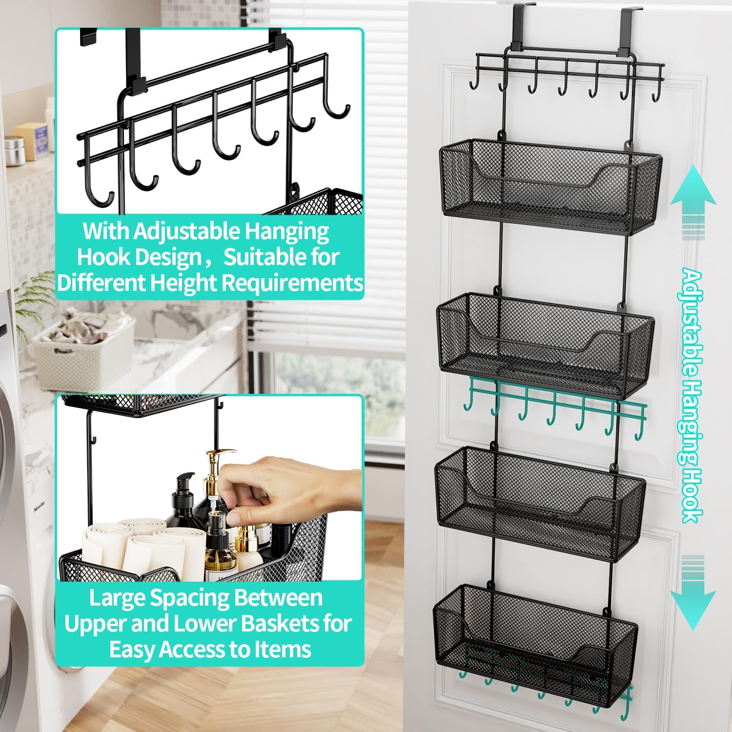 HapiRm Over The Door Organizer - Hanging Door Organizer with 4 Metal Large Capacity Baskets and