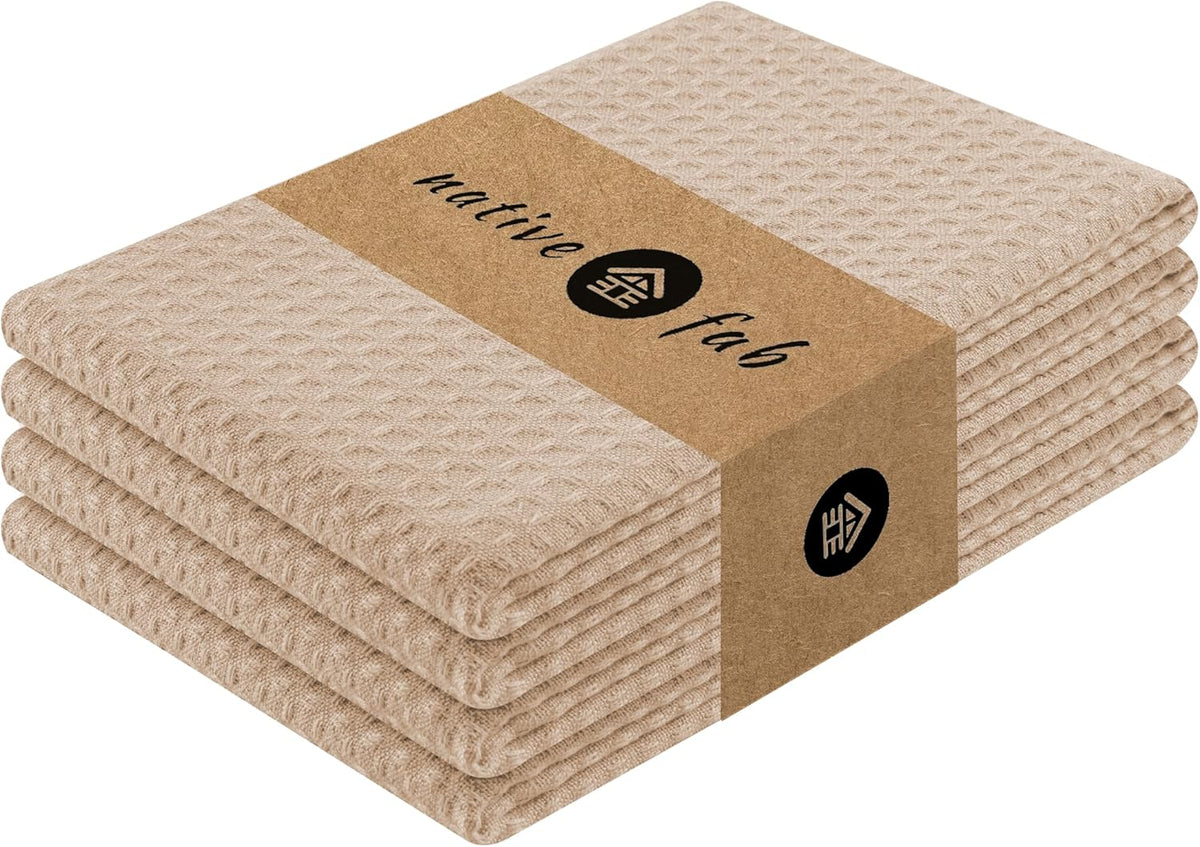 Native Fab Cotton Kitchen Towel with Hanging Loop 16x26 inches, 4-Pack, Waffle Weave Kitchen Towels