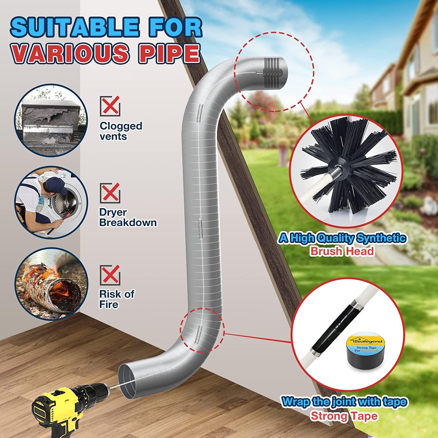 Sealegend 15-Piece Dryer Vent Cleaner Kit Omnidirectional Dryer Cleaning Kit Include 30 Feet Dryer