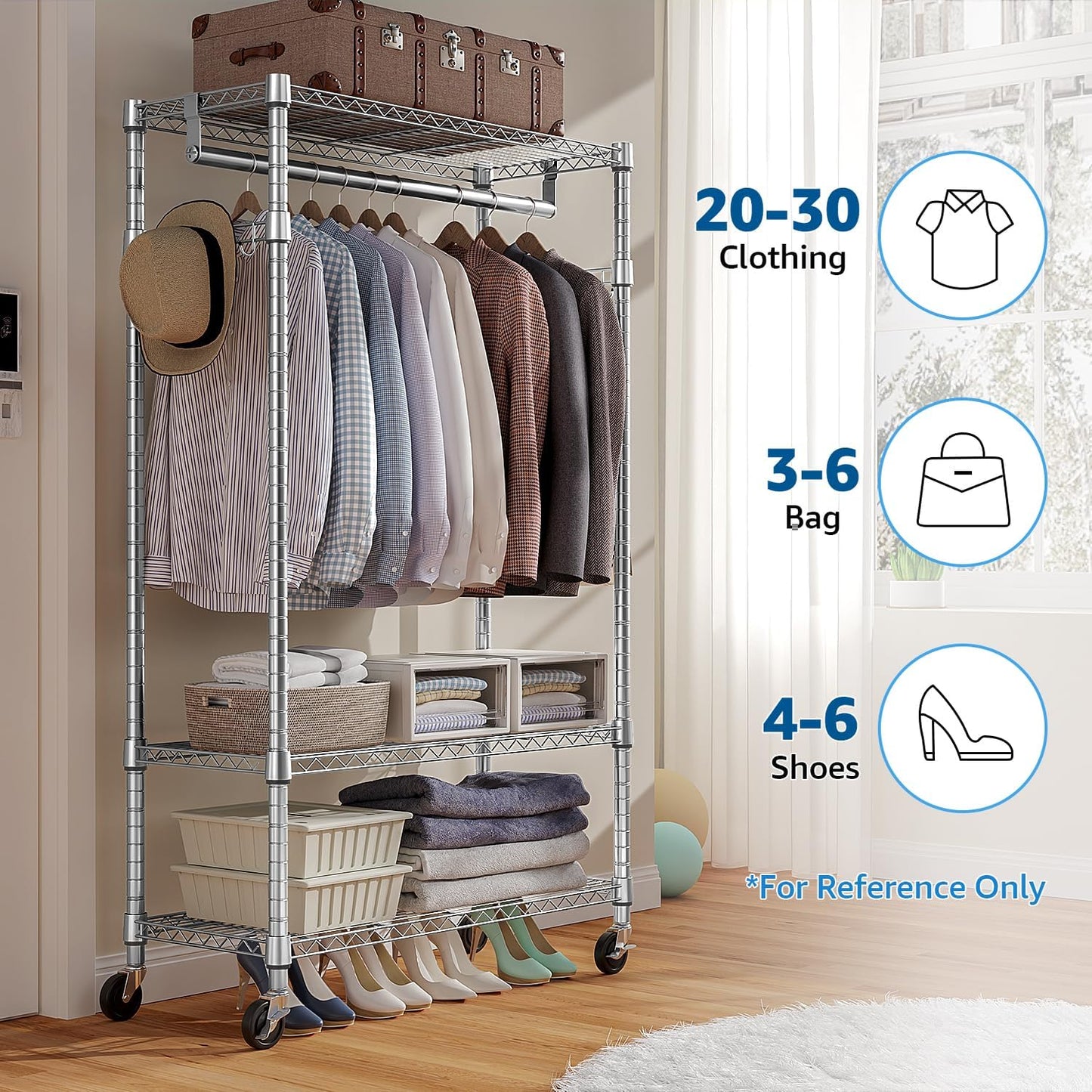 Heavy Duty Rolling Garment Rack 3 Tiers Adjustable Wire Shelving Clothes Rack with Rods and Side