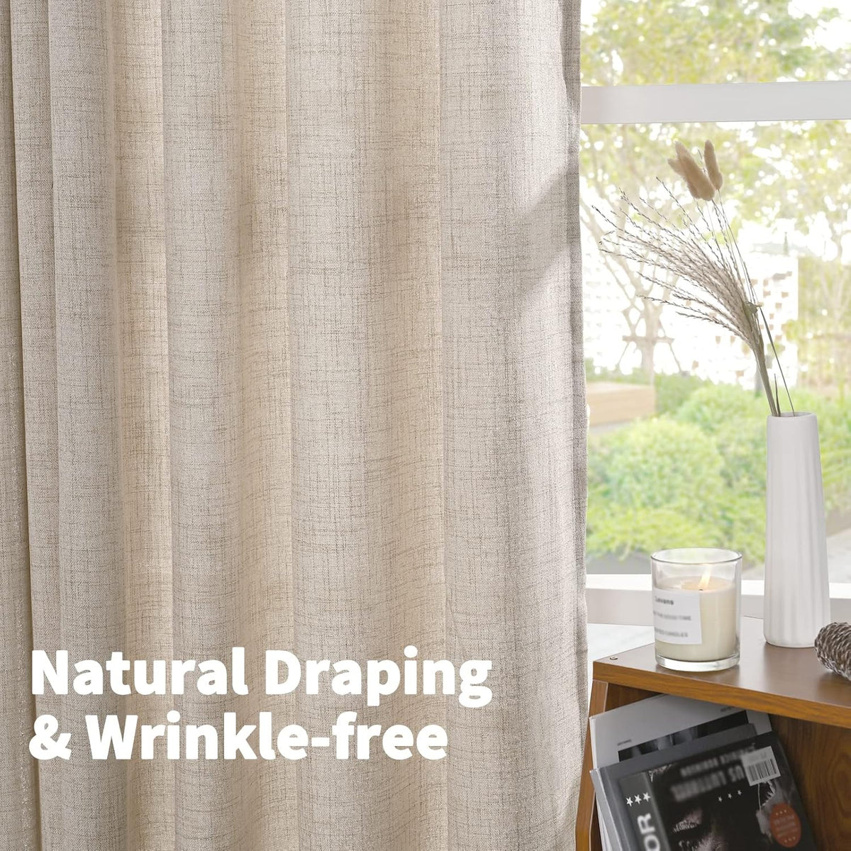 YoungsTex Beige Linen Semi Sheer Curtains 63 Inch Length for Living Room, Light Filtering Window