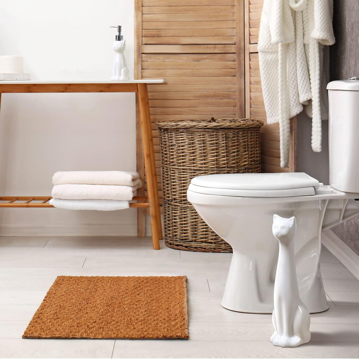 Allure Home Creation Cat 3-Piece Ceramic Toilet Brush Holder & Soap Dispenser - White Plastic Scrub