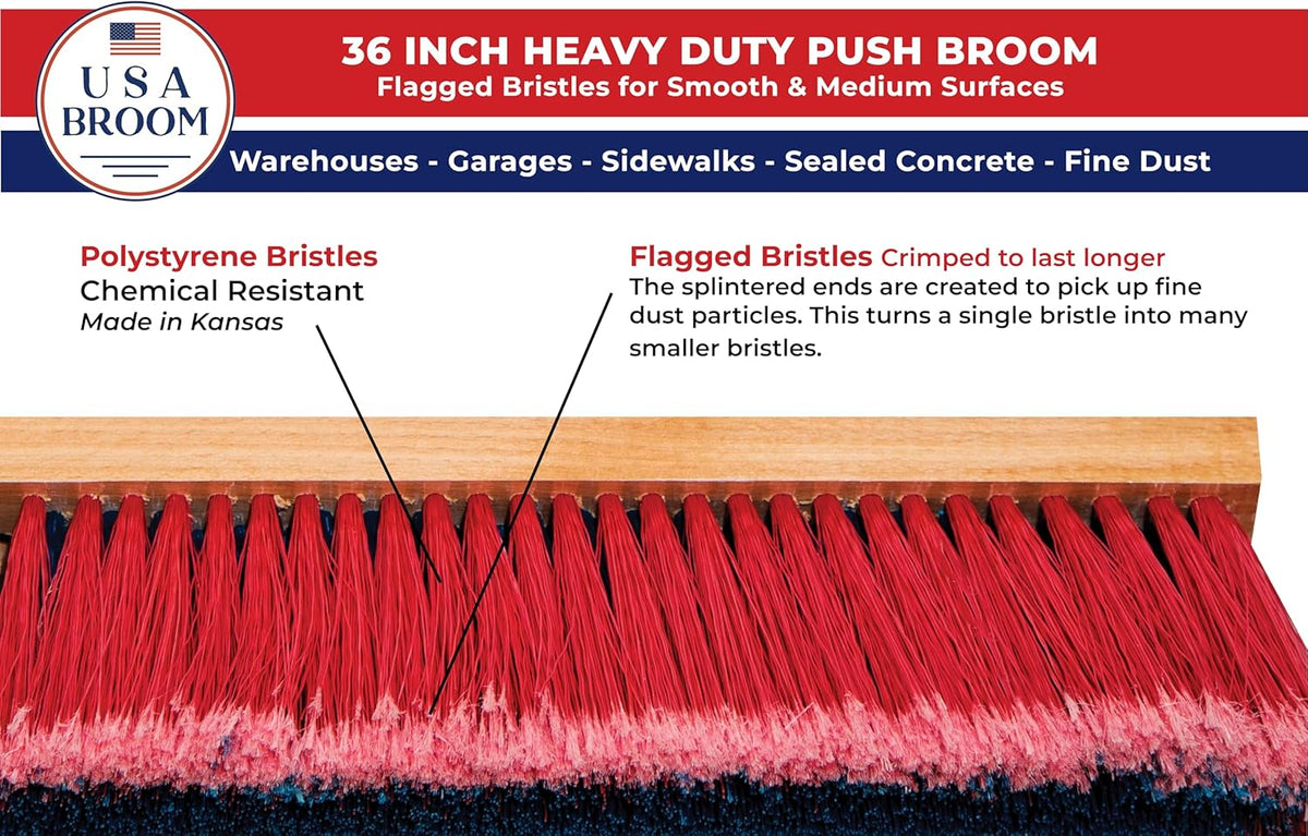 USA Broom 36" Everyday Sweep Indoor/Outdoor Push Broom with 60" Handle. Ideal for Garages & Shops.