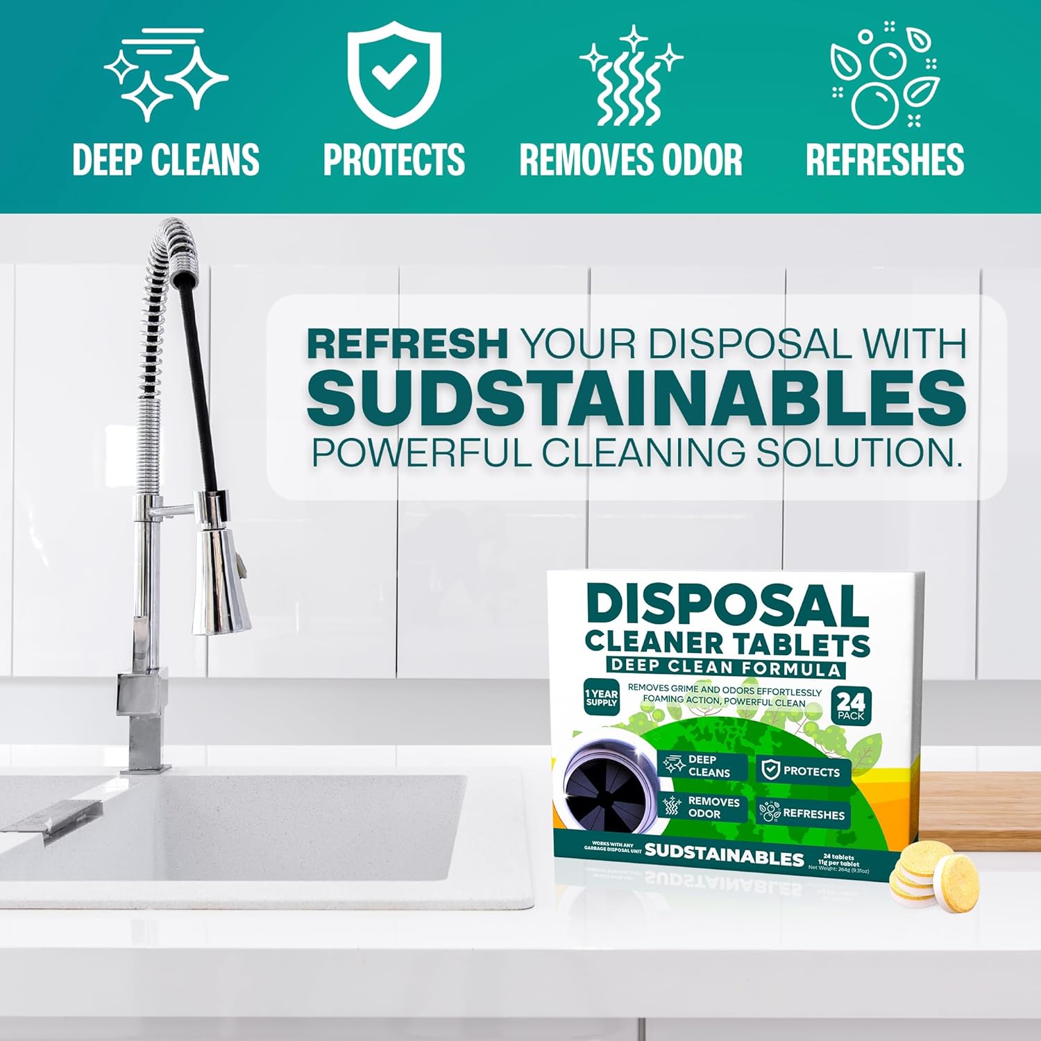 Sudstainables Garbage Disposal Cleaner Tablets 24-Pack - Sink Cleaner and Deodorizer, Disposal