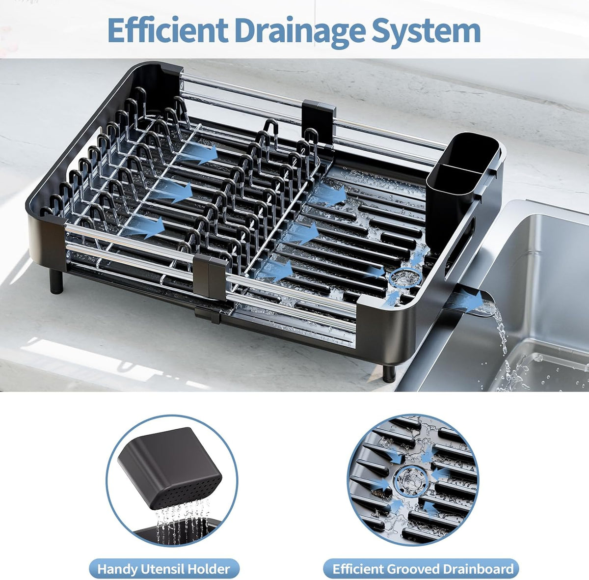 Dish Drying Rack for Kitchen Counter, Extendable Dish Rack with Drainboard, Collapsible Dish