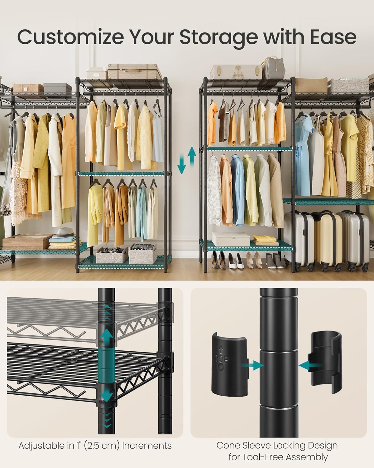 SONGMICS Heavy-Duty Clothes Rack, Garment Rack, Portable Closet, 86.4-Inch Wide Clothing Rack with