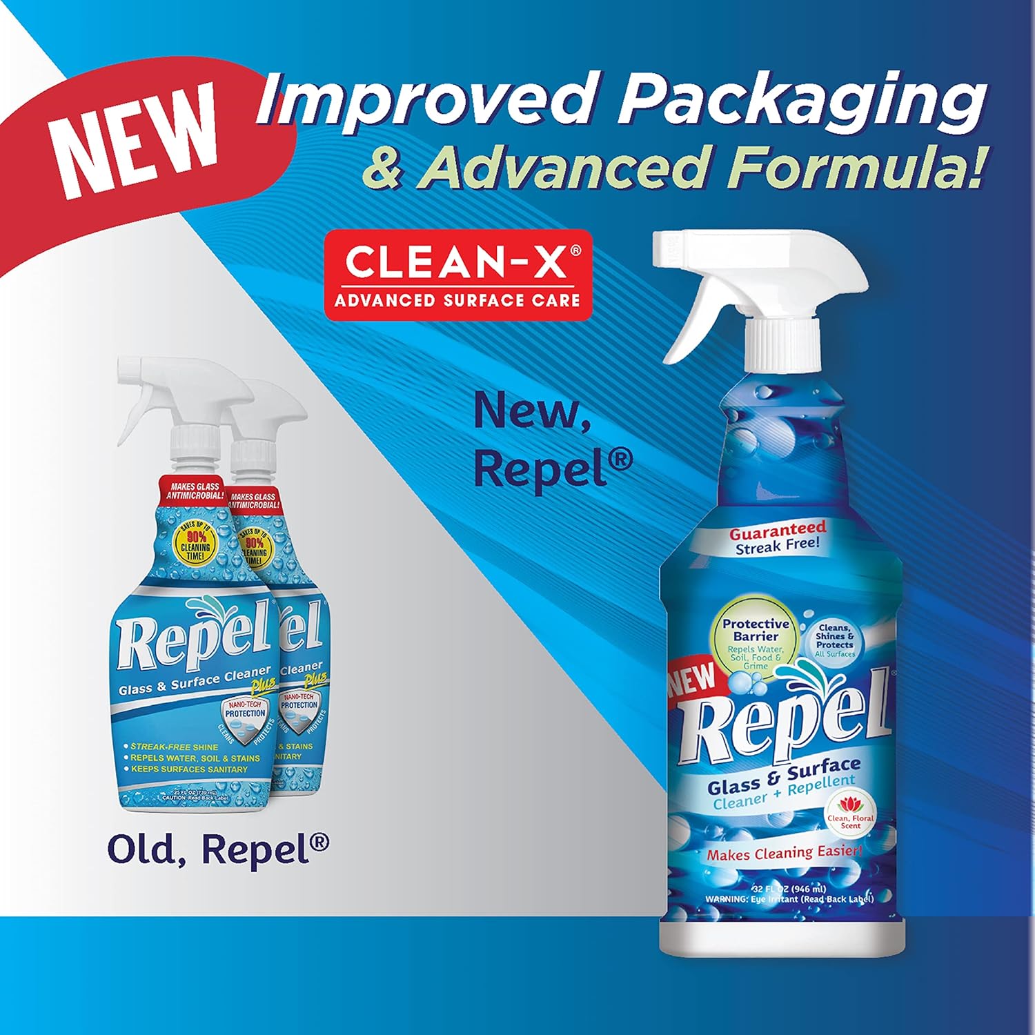 Clean-X REPEL Glass & Surface Cleaner 32 fl. oz. - Cleans & Repels water spots and dirt on glass