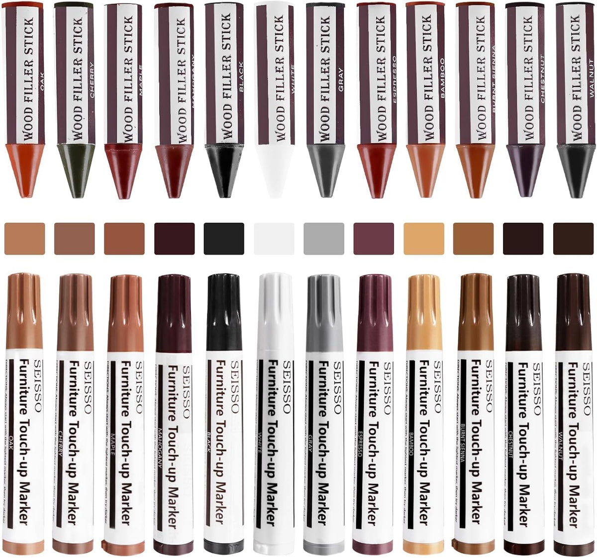 SEISSO Furniture Repair Kit, 12 Colors Furniture Touch-up Markers and Wood Fillers Sticks for