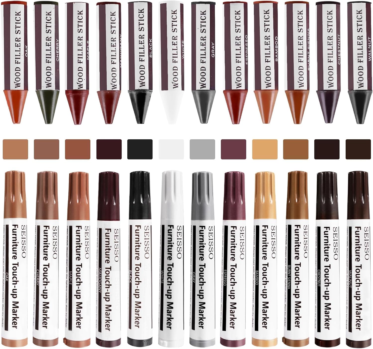 SEISSO Furniture Repair Kit, 12 Colors Furniture Touch-up Markers and Wood Fillers Sticks for