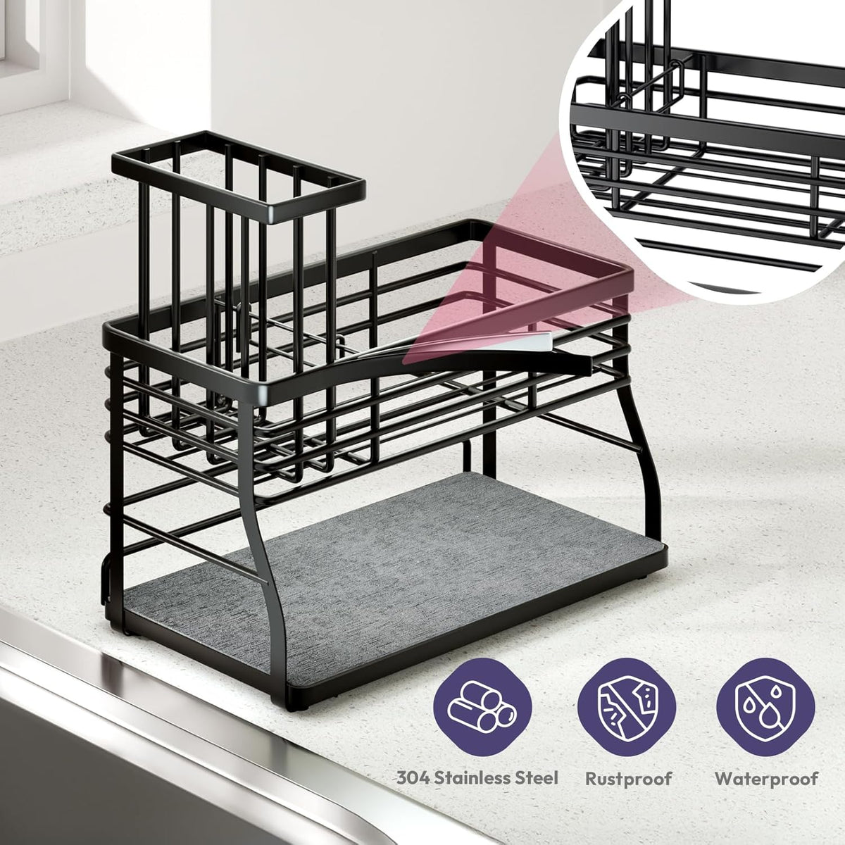 SWTYMIKI Sponge Holder for Kitchen Sink - 2 Tier Rustproof Sink Caddy with Instant Drying Stone