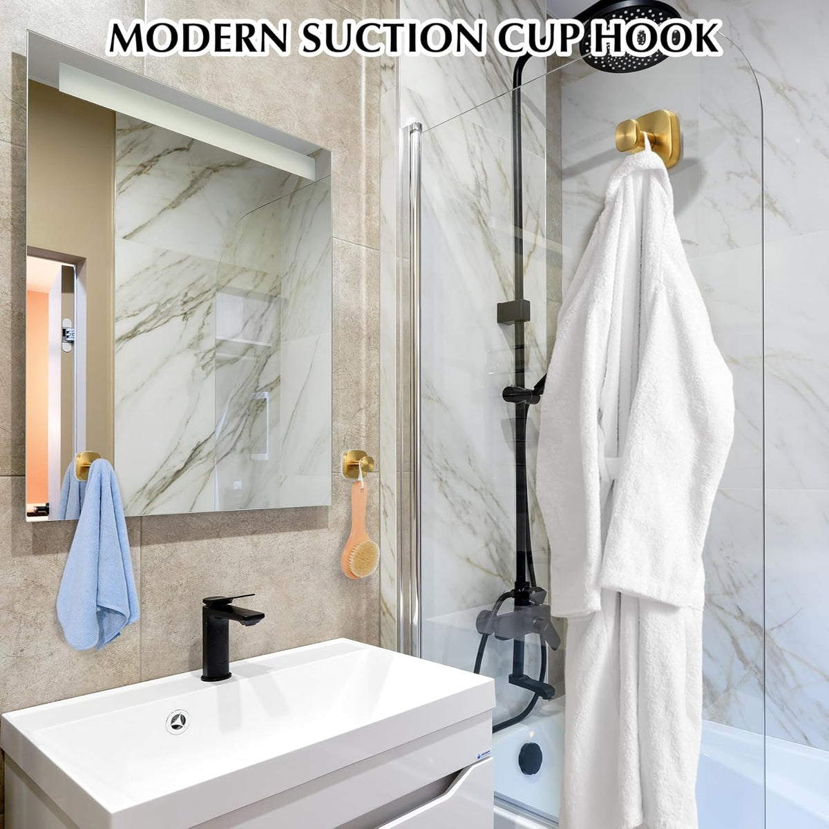 Suction Cup Hooks for Shower - Reusable No-Drill Mounting - Hooks for Towels, Robes & Loofah on