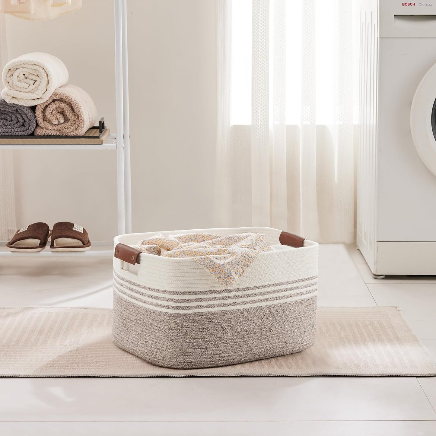 45L Small Laundry Basket with Leather Handles for Living Room Storage, Woven Rope Baskets Bin for