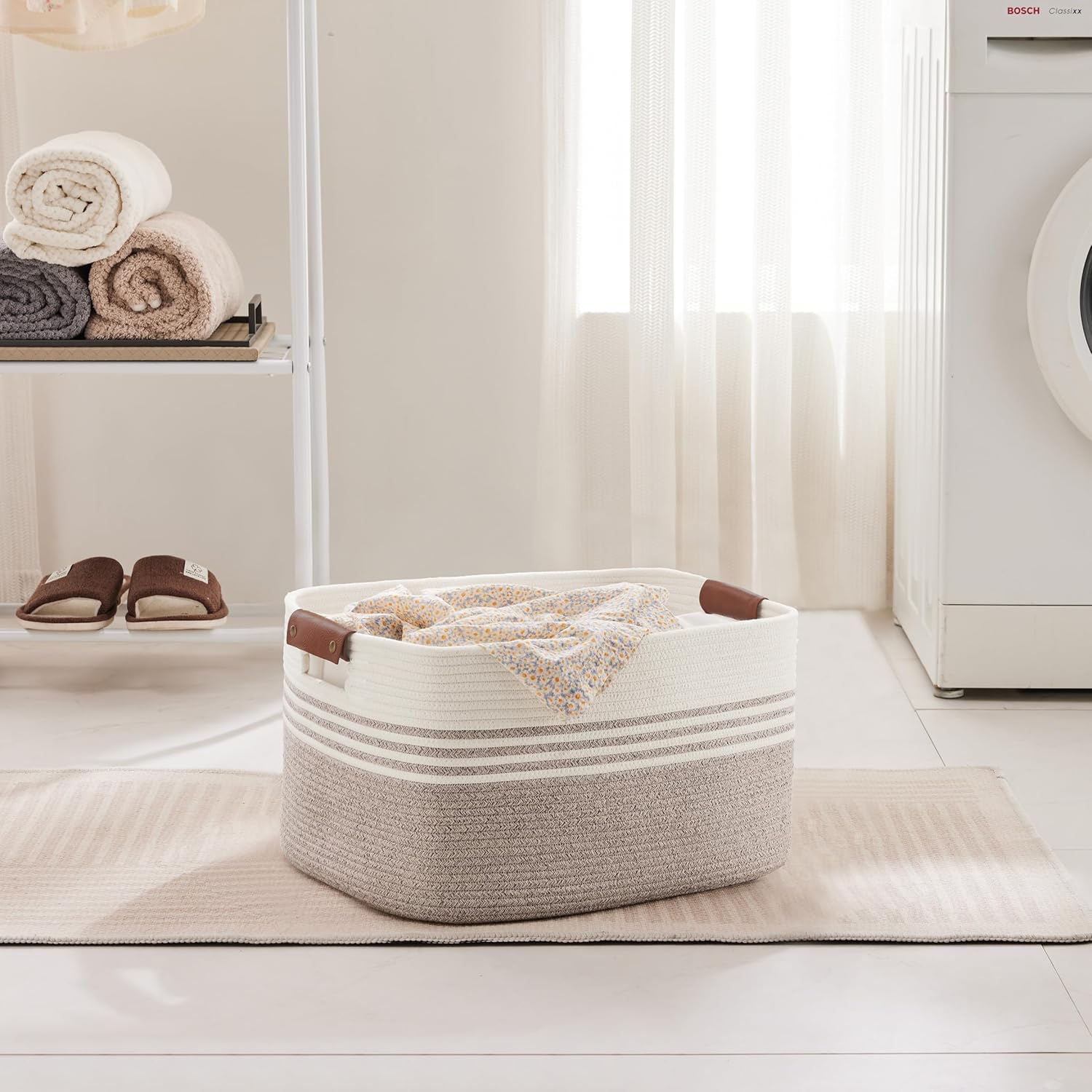 45L Small Laundry Basket with Leather Handles for Living Room Storage, Woven Rope Baskets Bin for