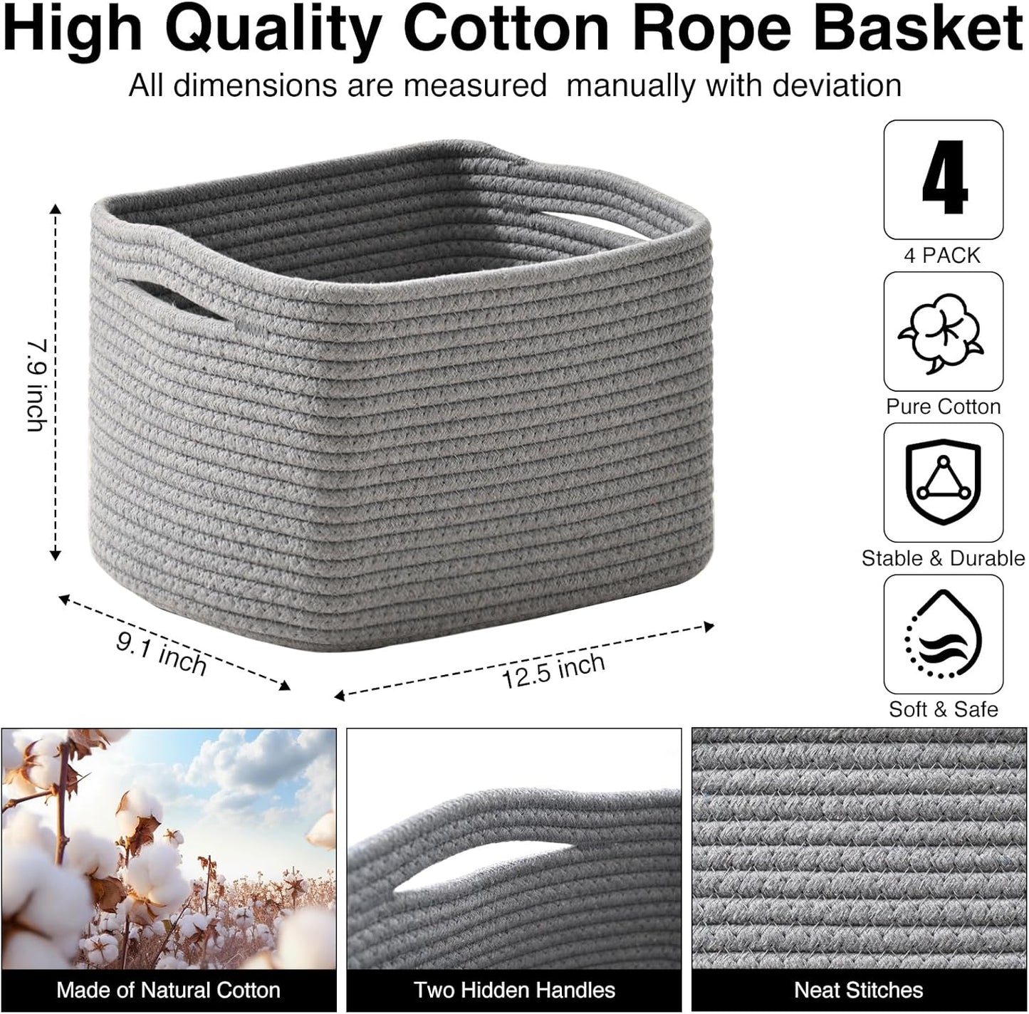 Small Storage Baskets for Shelves Organizing, Woven Cotton Rope Baskets for Storage, Book Basket