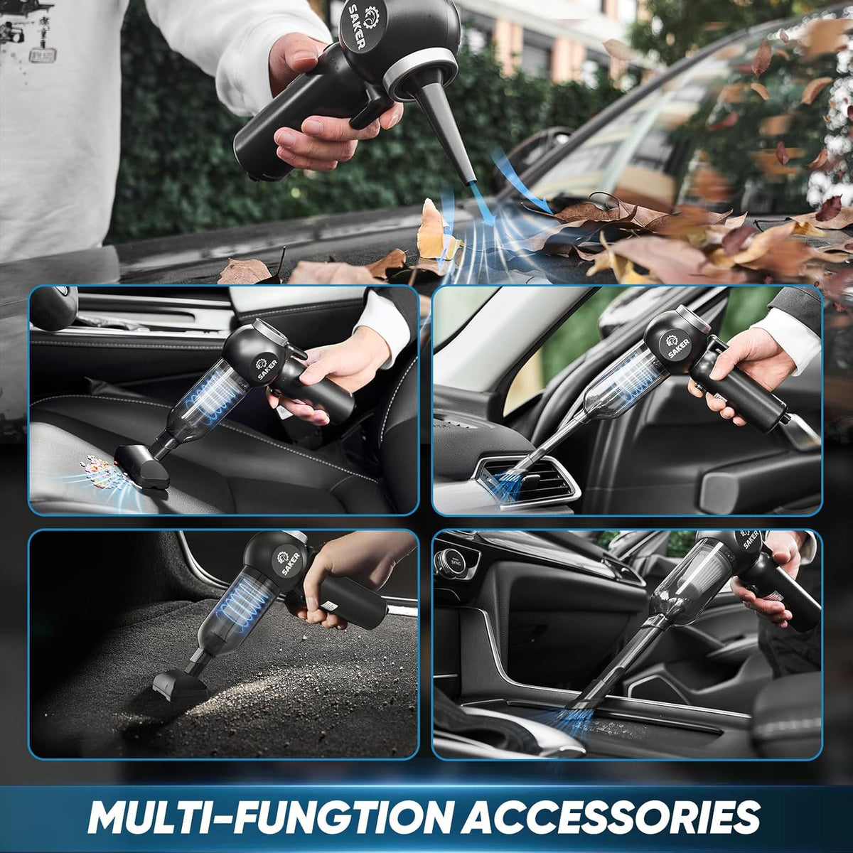 Saker Portable Car Vacuum Cordless 20000Pa 6 in 1 Multifunctional Adjustable Small Handheld Vacuum