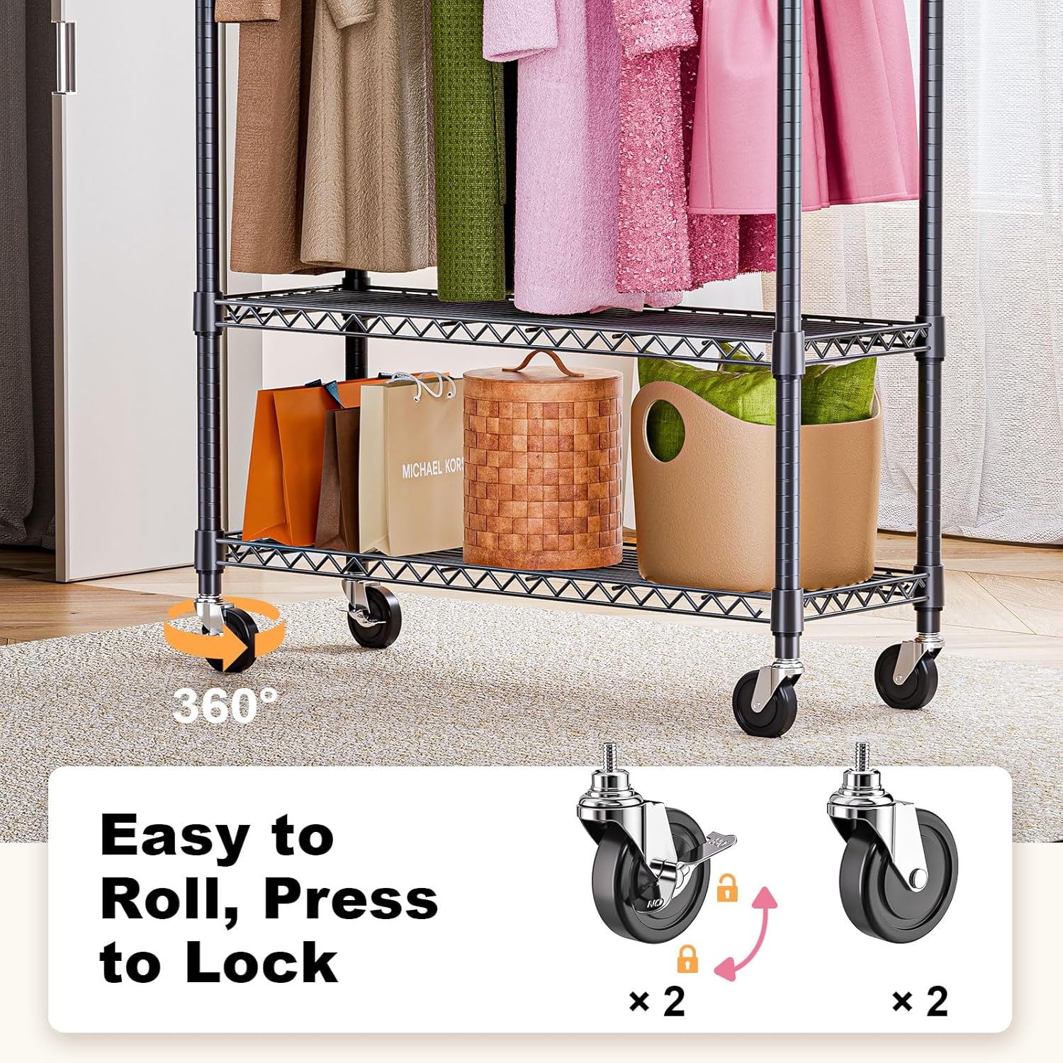 Heavy Duty Rolling Garment Rack 3 Tiers Adjustable Wire Shelving Clothes Rack with 1 Rods and Side