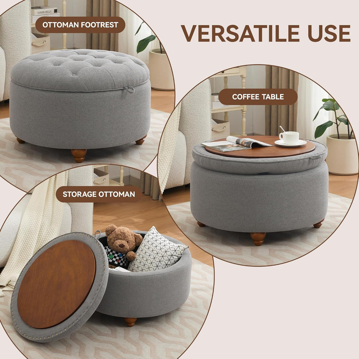 30Inch Round Storage Ottoman with Tray, Modern Tufted Fabric Circle Coffee Table with Storage