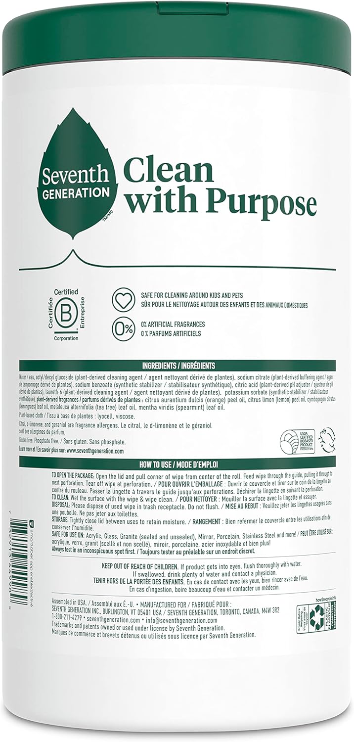Seventh Generation Multi Surface Wipes All Purpose Cleaning Lemon Zest scent with 100% Essential