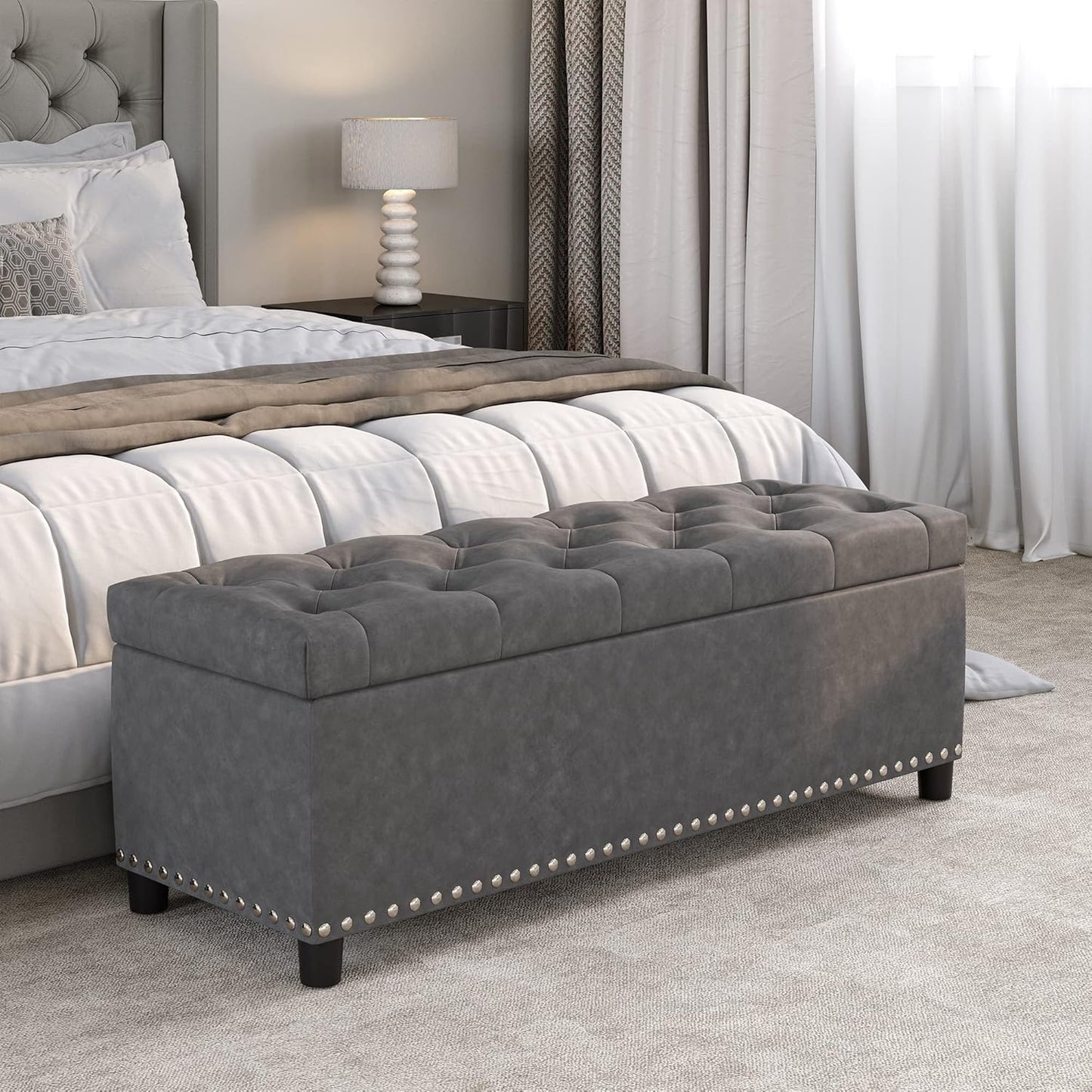 BELLEZE 47" Storage Ottoman, Storage Bench with Safety Close Hinge, Faux Leather Button-Tufted