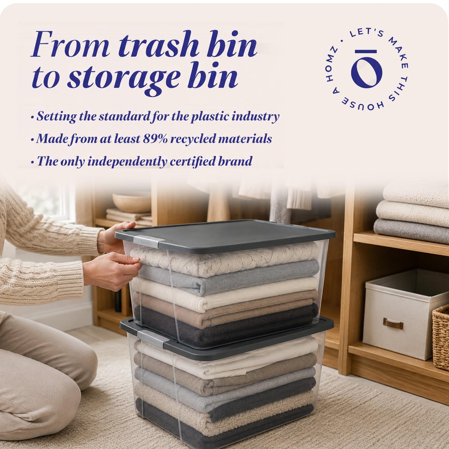 HOMZ Clear Plastic Storage Bin with Secure Latching Gray Lid, 64 Qt, 2 Pack