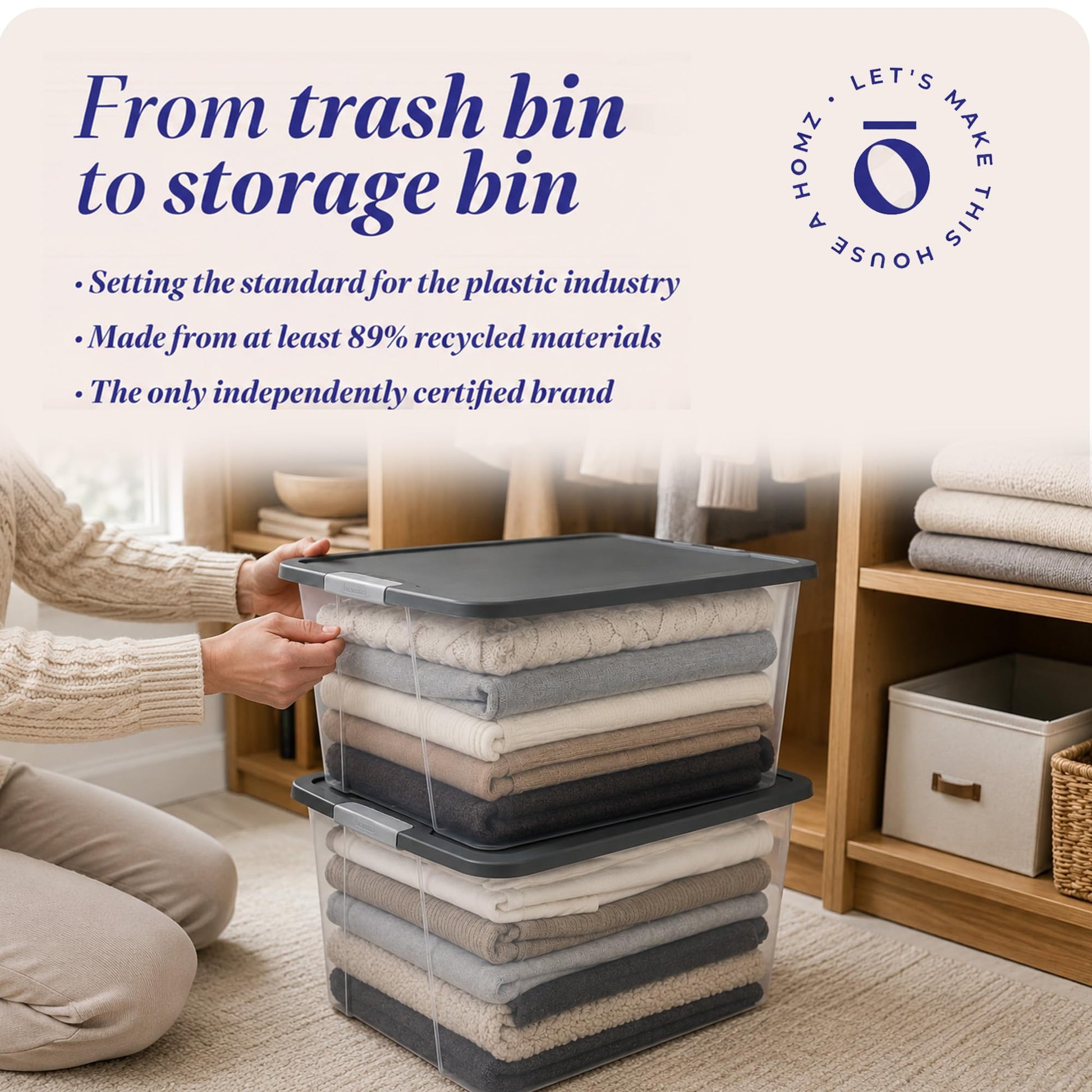 HOMZ Clear Plastic Storage Bin with Secure Latching Gray Lid, 64 Qt, 2 Pack