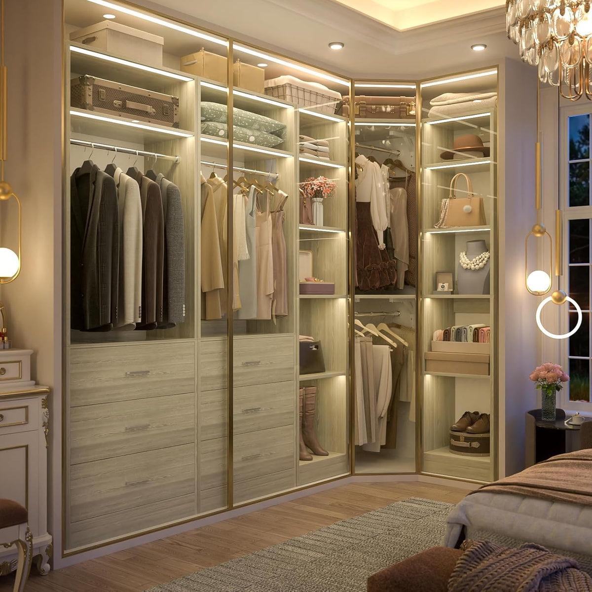 Corner Closet System with 6 Drawers, Closet Organizer System with 14 Shelves & 4 Hanging Rods