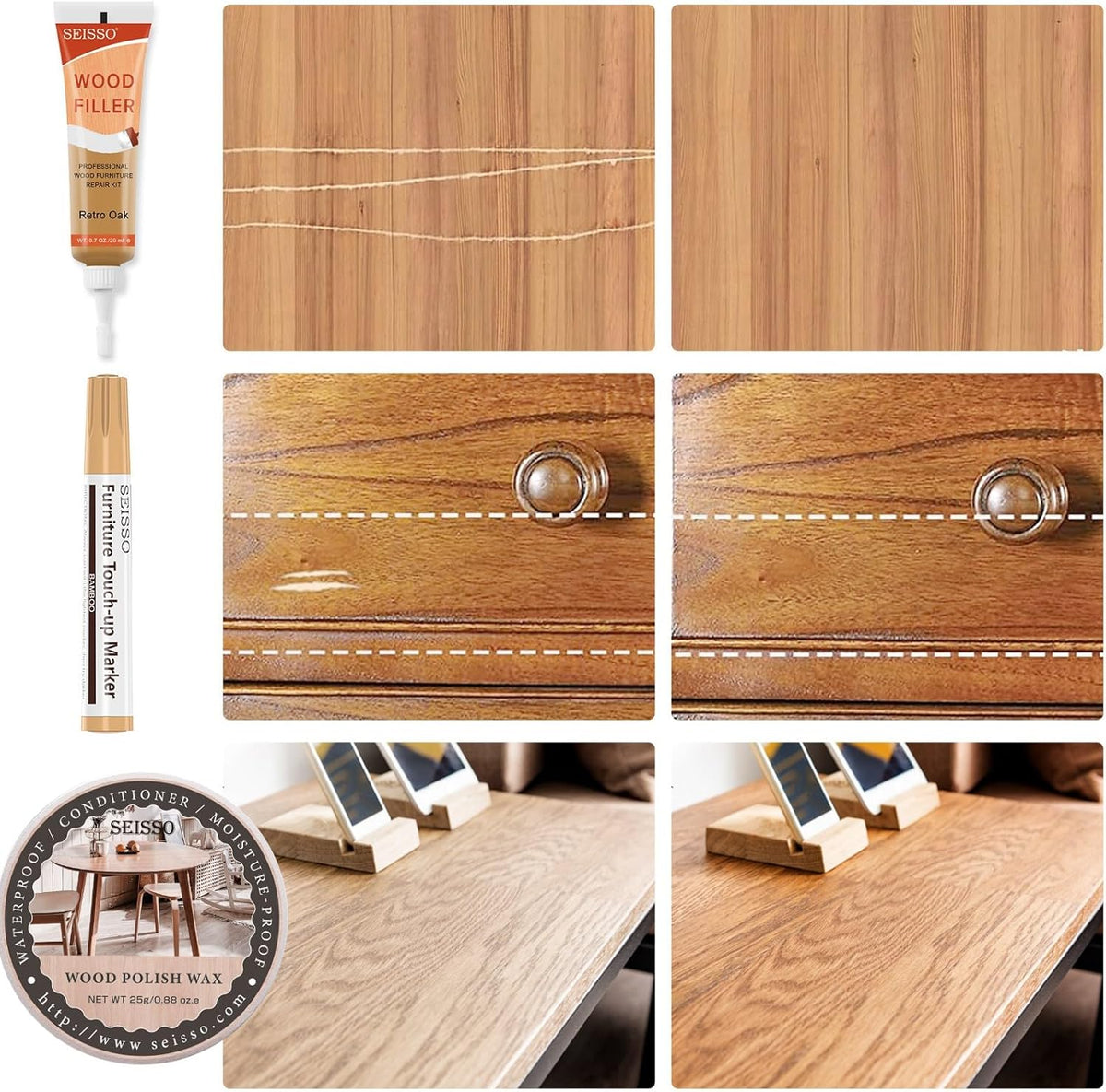 Wood Furniture Repair Kit - 6 Oak Color Wood Fillers with 6 Touch Up Markers and Wood Polish Wax