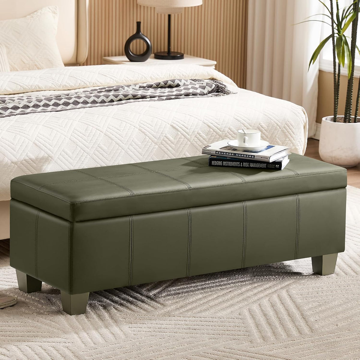 51" Faux Leather Storage Ottoman, Stitch Tufted Rectangle Upholstered End of Bed Storage Bench