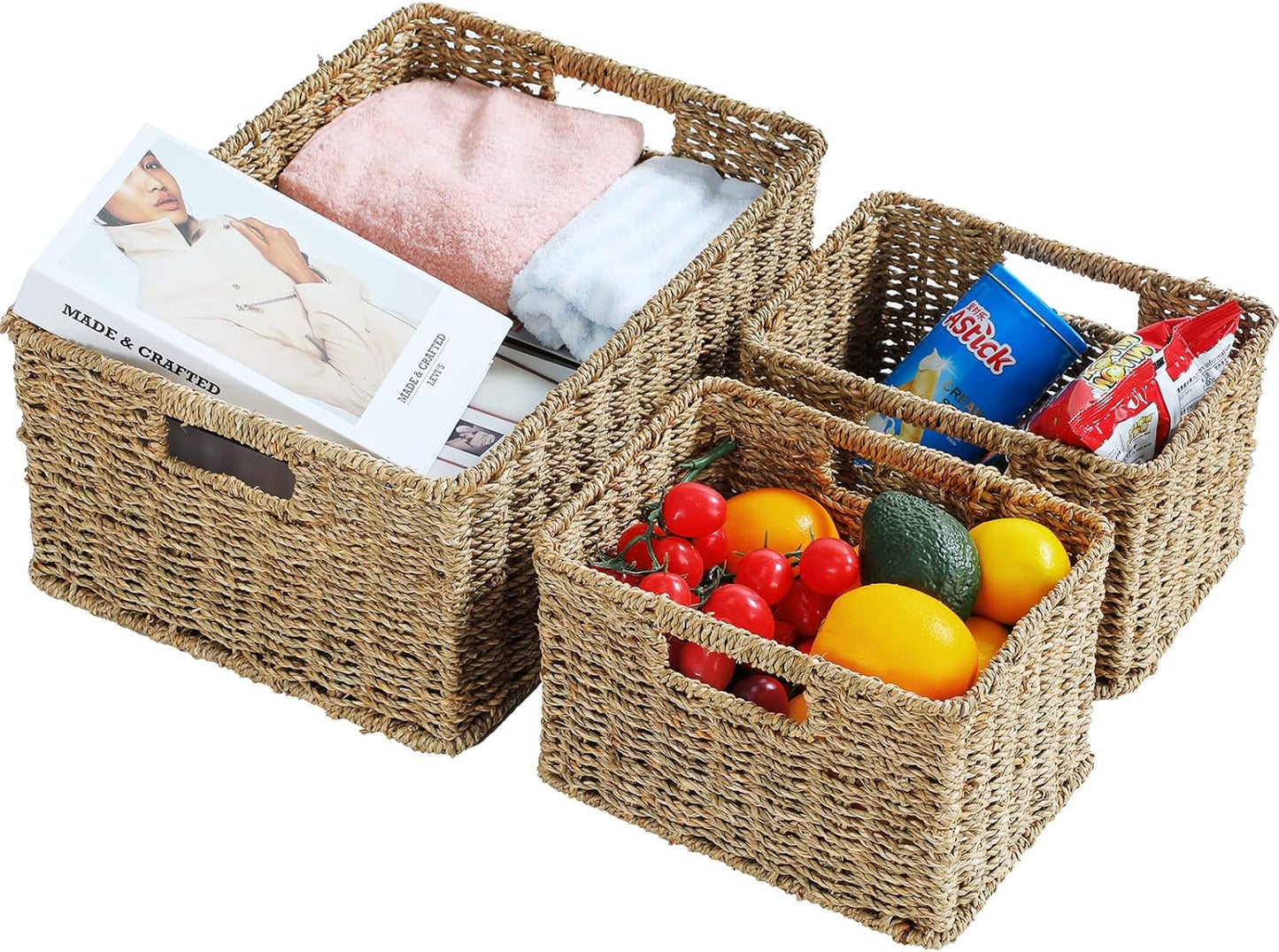 HOONEX Large Wicker Baskets for Storage, Seagrass Baskets with Dual Handles, Woven Baskets for