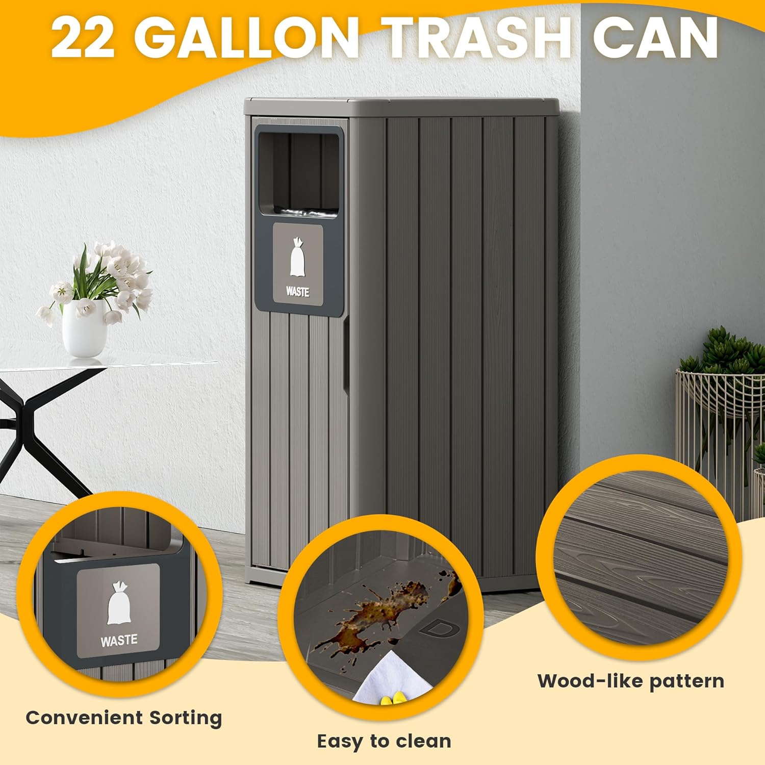 Outdoor Trash Can Waterproof Resin Garbage Can with Garbage Labels Outdoor Trash Bin for Patio