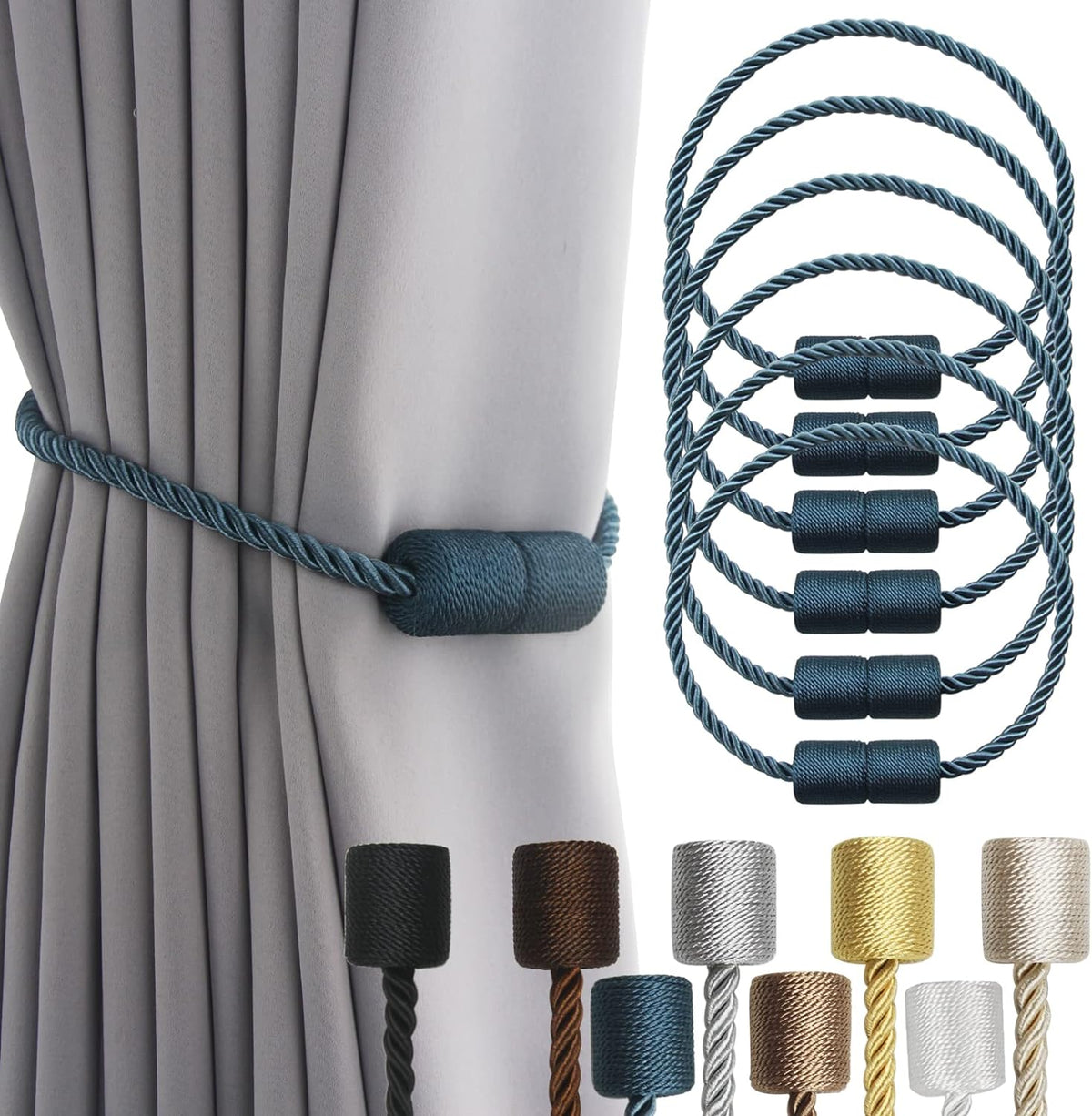 6 Pack Blue Strong Magnetic Curtain Tiebacks Outdoor Elegant Decorative Tie Backs Modern Rope